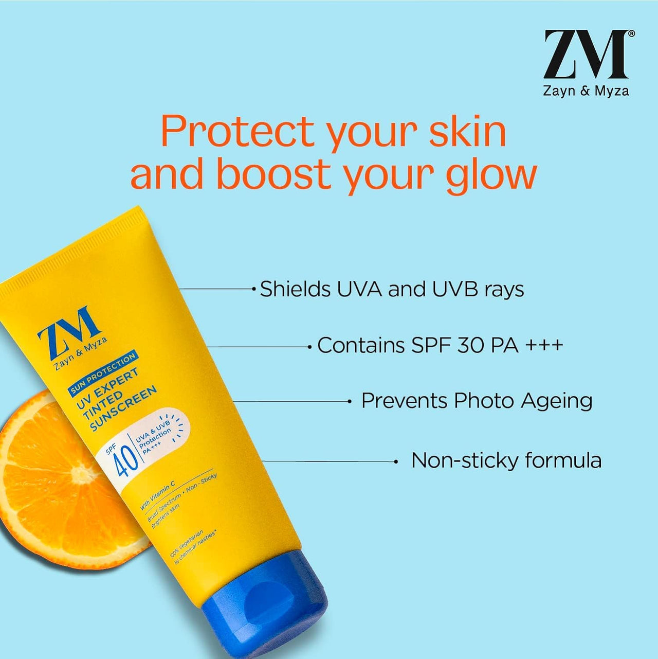 ZM Vitamin C UV Expert Tinted Sunscreen SPF 40, PA +++ For Bright & Glowing Skin | For Dull Skin | Non-Greasy, Quick-Absorbing | UVA UVB Sun Protection | Sunscreen For Women & Men, 50 gm