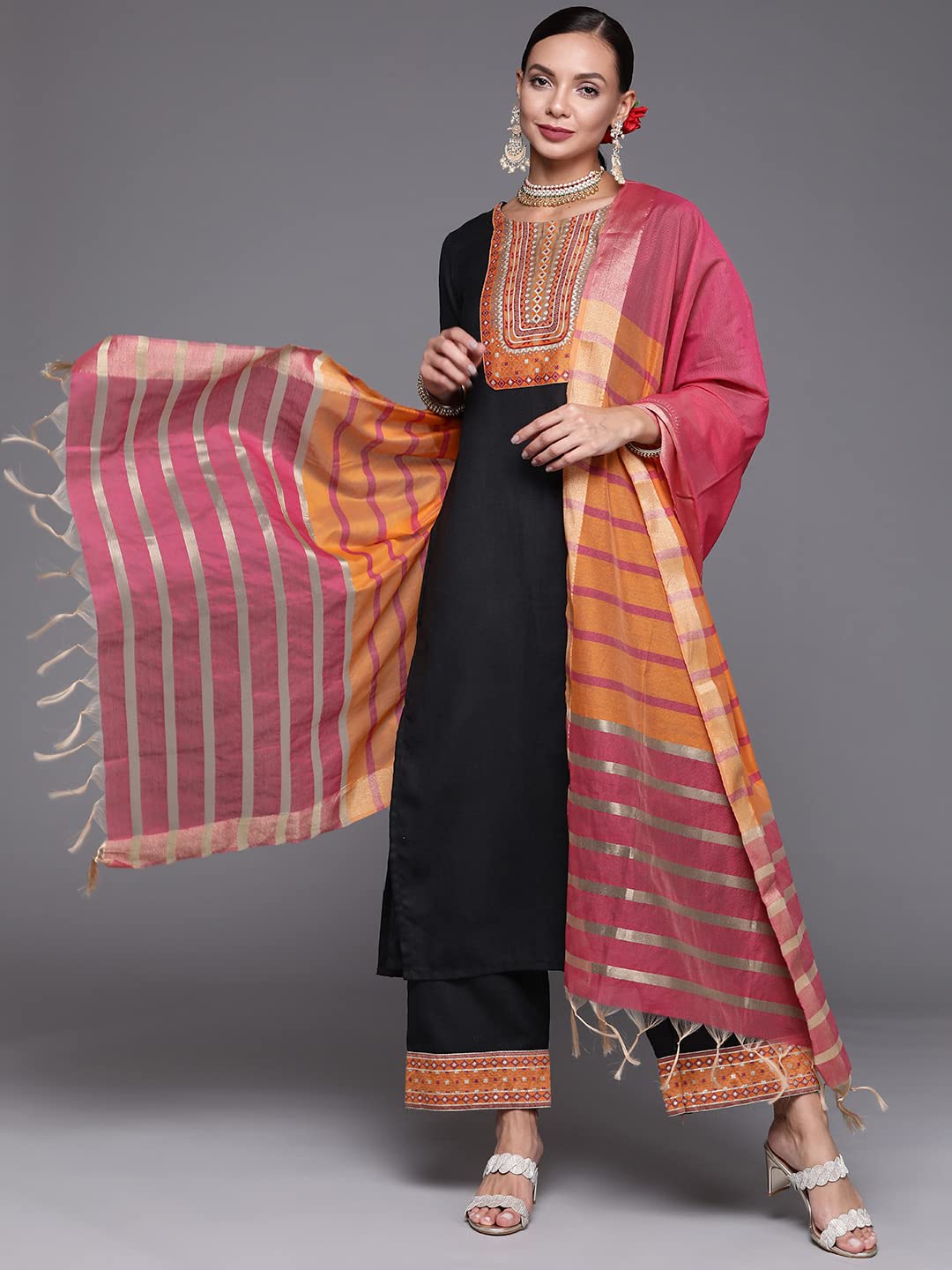 INDO ERA Women's  Solid Cotton Blend Straight Kurta Palazzo With Dupatta Set