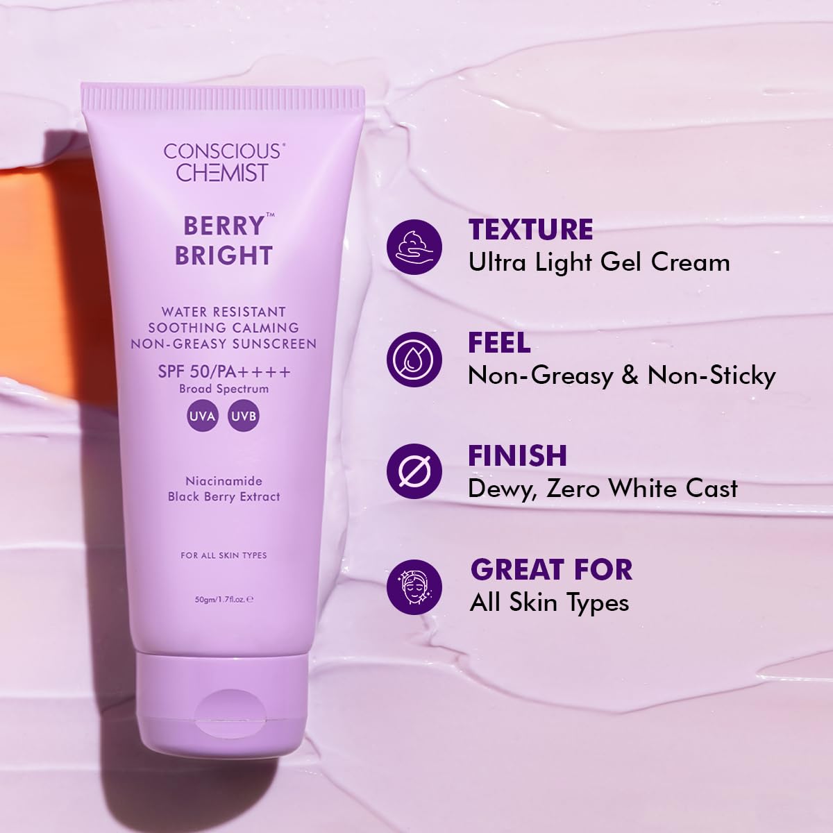 Conscious Chemist® Sunscreen SPF 50 PA++++ | 50g | Sunscreen for Oily Skin, Gel Sunscreen, Niacinamide with Black Berry Extract, Hybrid Lightweight, All Skin Types - Berry Bright
