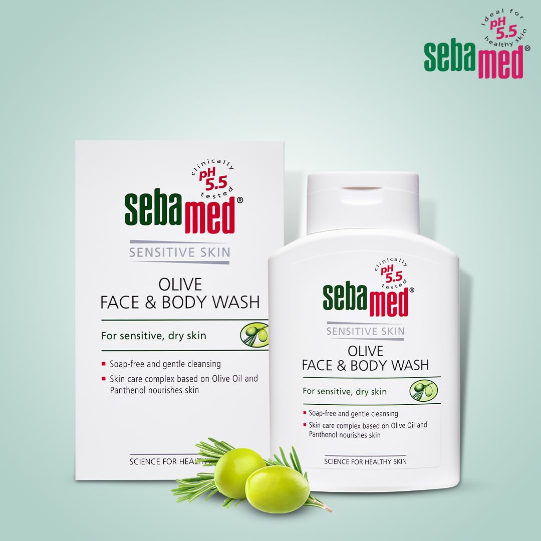 SebaMed Olive Face & Body Wash, Extra Mild For Sensitive, Dry Skin, Ph5.5, Soap Free, Gentle Cleansing, Olive Oil + Panthenol Nourishes Skin, Dermatologically & Clinically Tested, 200 Ml