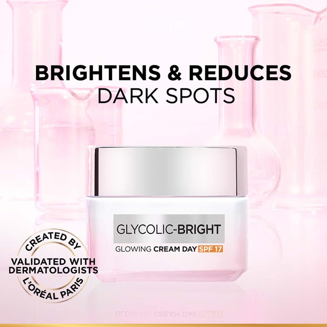 L'Oreal Paris Glycolic Bright Glowing Day Cream, Overnight Brightening Cream, Glycolic Acid in Gel-Like Cream Texture, that Visbily Minimizes Spots & Reveals Glowing skin, 50ml