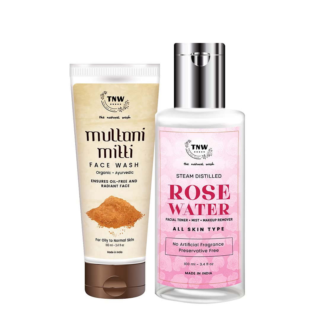 TNW-The Natural Wash Multani Mitti Face Wash (100ml) & Steam Distilled Rose Water (100ml) | Face Wash and Rose Water/Makeup Remover for All Skin Types | Combo