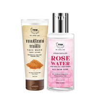 TNW-The Natural Wash Multani Mitti Face Wash (100ml) & Steam Distilled Rose Water (100ml) | Face Wash and Rose Water/Makeup Remover for All Skin Types | Combo