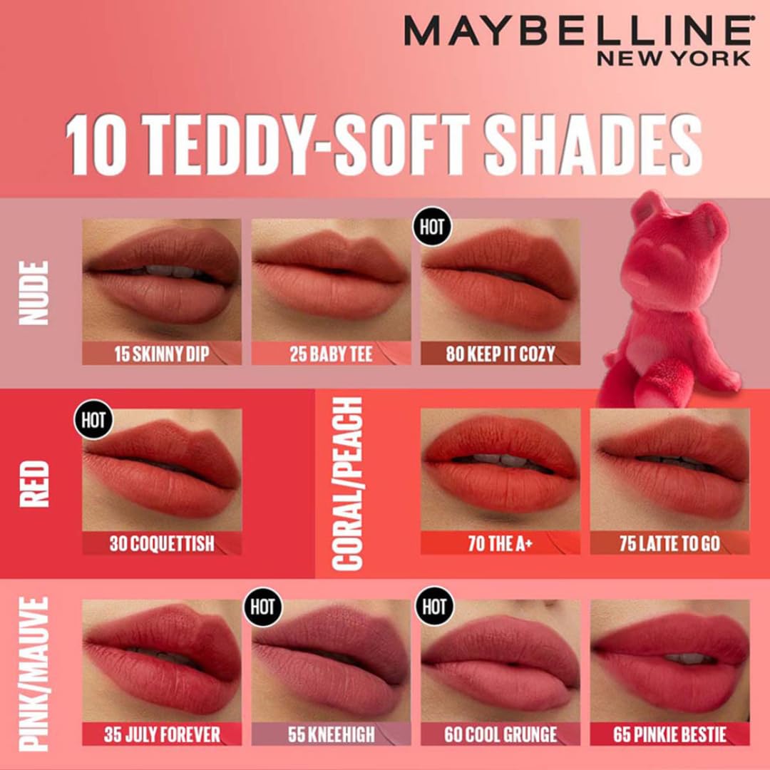 Maybelline New York Super Stay Teddy Tint - Lip and Cheek Color, Keep It Cozy, 5ml | Teddy Soft Matte up to 12Hr |Multi Use |Comfortable Long wear formula |Buildable |Natural flushed look in one swipe