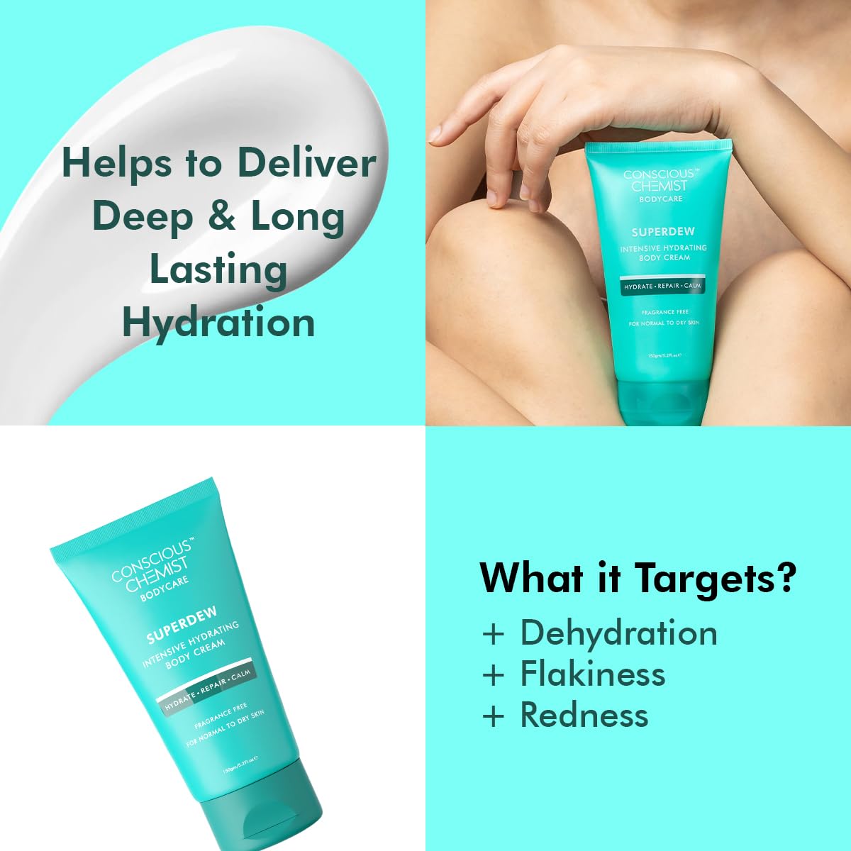 Conscious Chemist Deep Hydrating Body Moisturizer|150gm|For Dry Skin|Instant Hydration, Non-Greasy Cream With Ceramides, Hyaluronic Acid & Colloidal Oatmeal|For Unisex|Fragrance Free, Cruelty Free