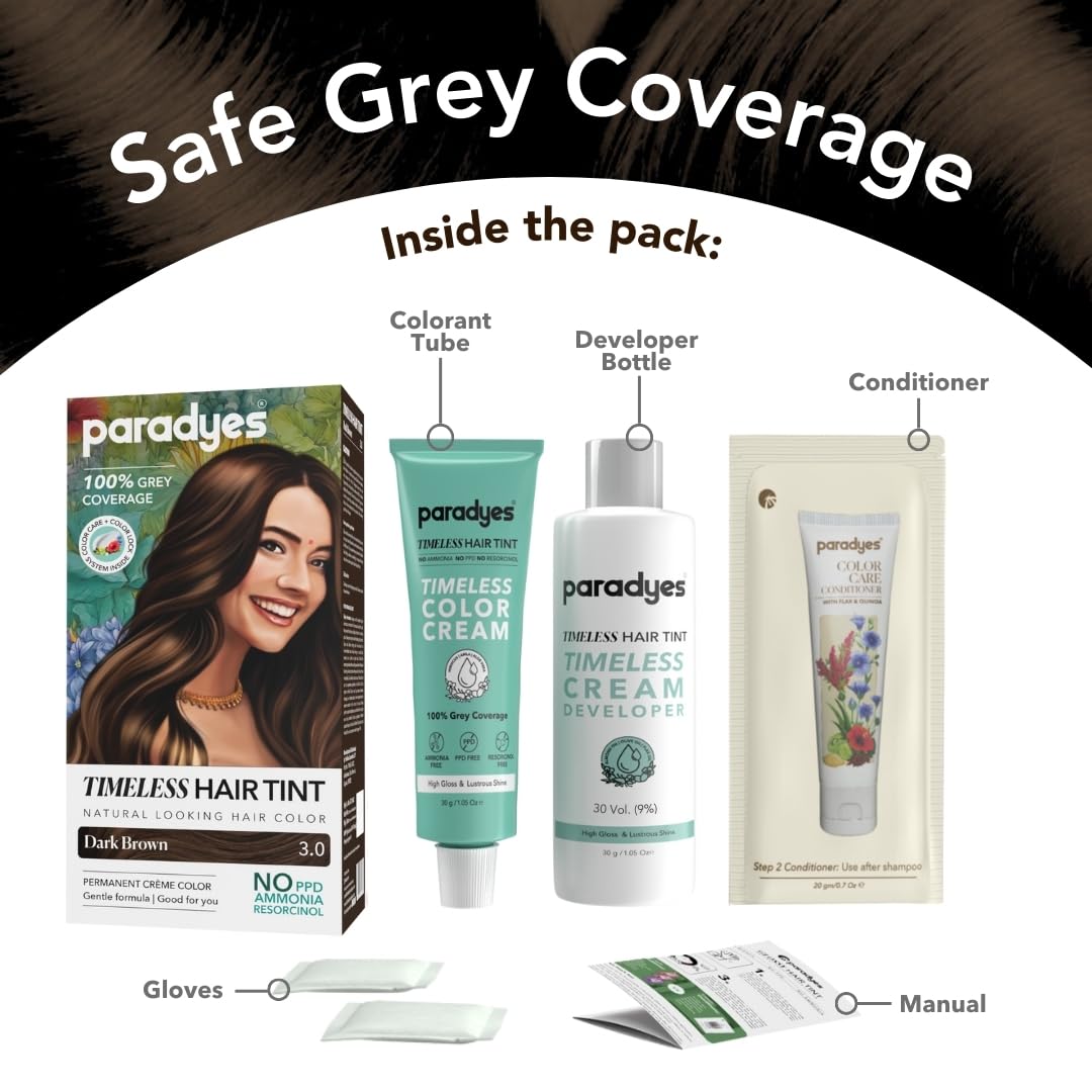 Paradyes Mini Dark Brown Timeless Hair Tint, Permanent Crème Hair Color for Hair & Beard, Complete Grey Coverage, Formula Free from PPD, Ammonia, & Resorcinol, 3.0 Dark Brown, 60 GRAM