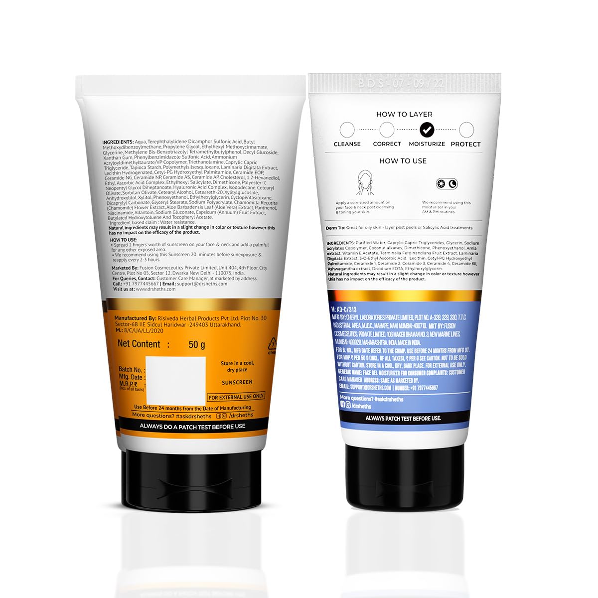Dr. Sheth's Ceramide & Vitamin C Oil-Free Duo | Sunscreen & Moisturizer Combo for Oily Skin | Protecting & Hydrating | Lightweight & Non-Greasy | For Bright & Nourished Skin | For Men & Women | 50 g x 2
