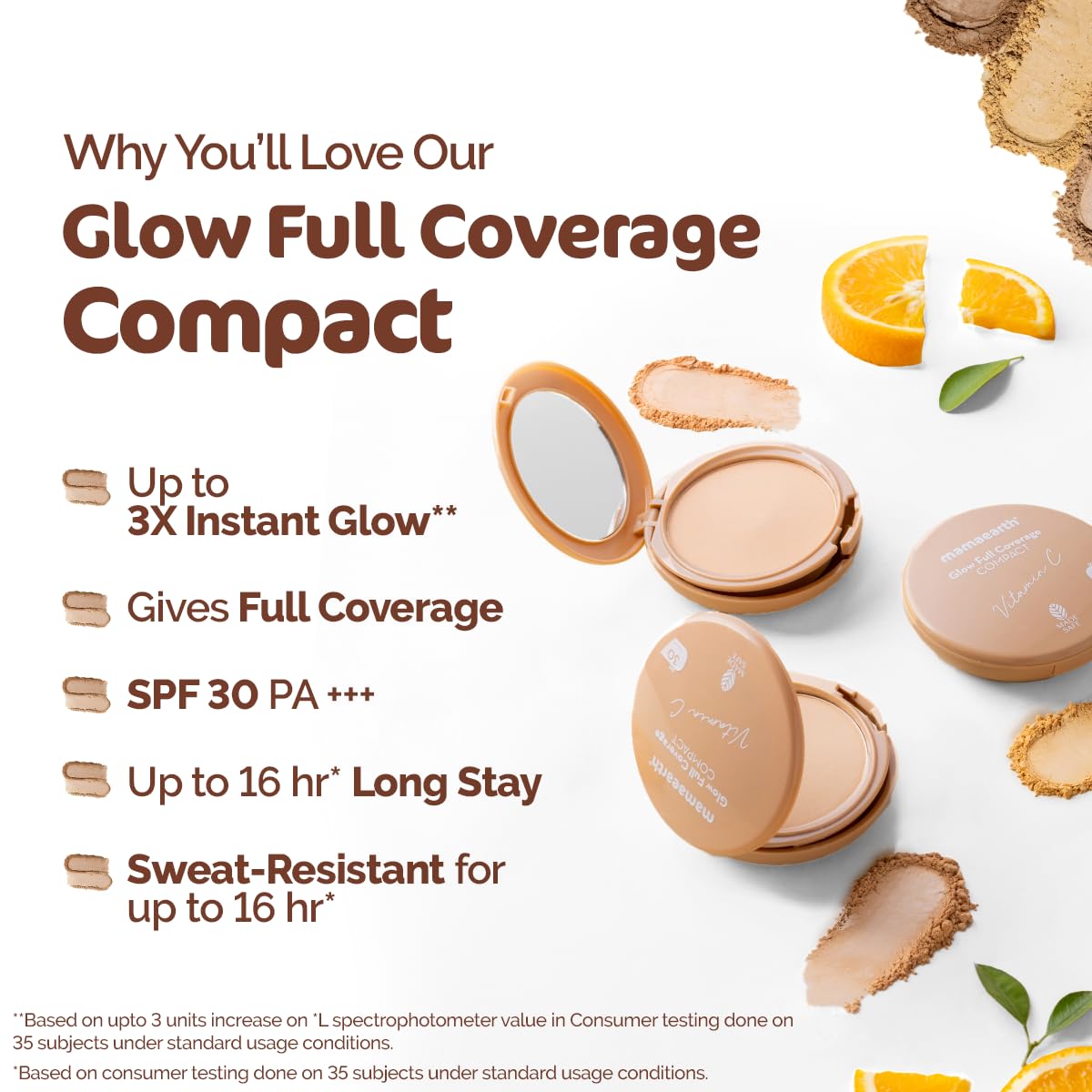 Mamaearth Glow Full Coverage Compact For Oily Skin, Spf 30 For Up To 3X Instant Glow - 9 Gm|Radiant, Natural|Even Toned Complexion|Mattifying|Up To 16-Hour Oil Control & Sweat-Resistant, Cream