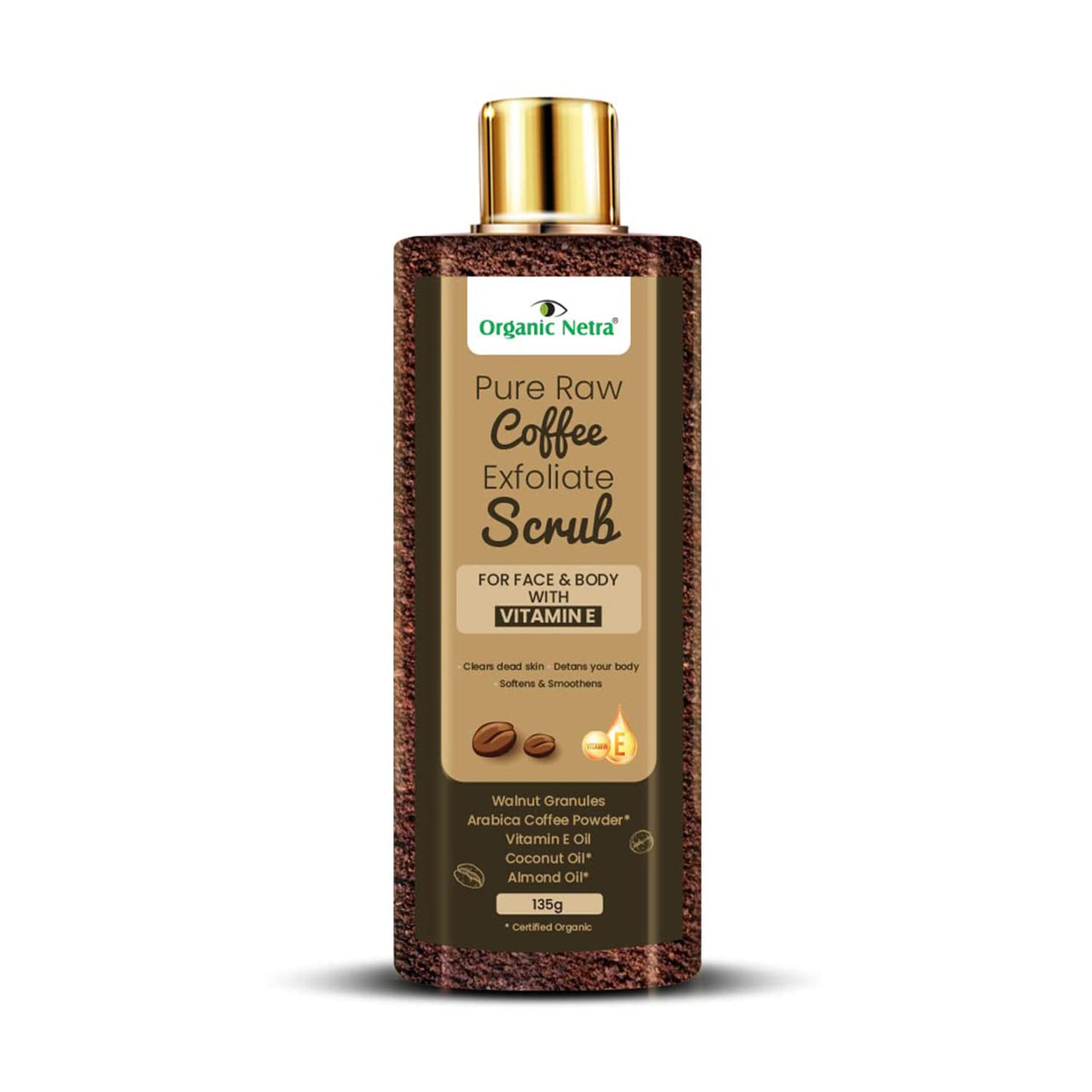 Organic Netra Pure Raw Coffee Exfoliate Scrub for Face and Body with Vitamin E | Deeply Hydrates and Moistures Skin | Enriched with Natural and Organic Ingredients|Paraben Free - 135gm (Pack of 1)