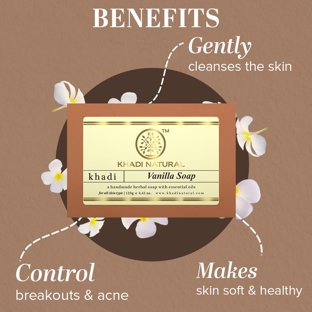 Khadi Natural Herbal Vanilla Soap, 125 g|Herbal Bathing Soap for Healthy Skin|Natural soap with essential oils|Skin hydrating properties| Suitable for All Skin Types | Pack of 3