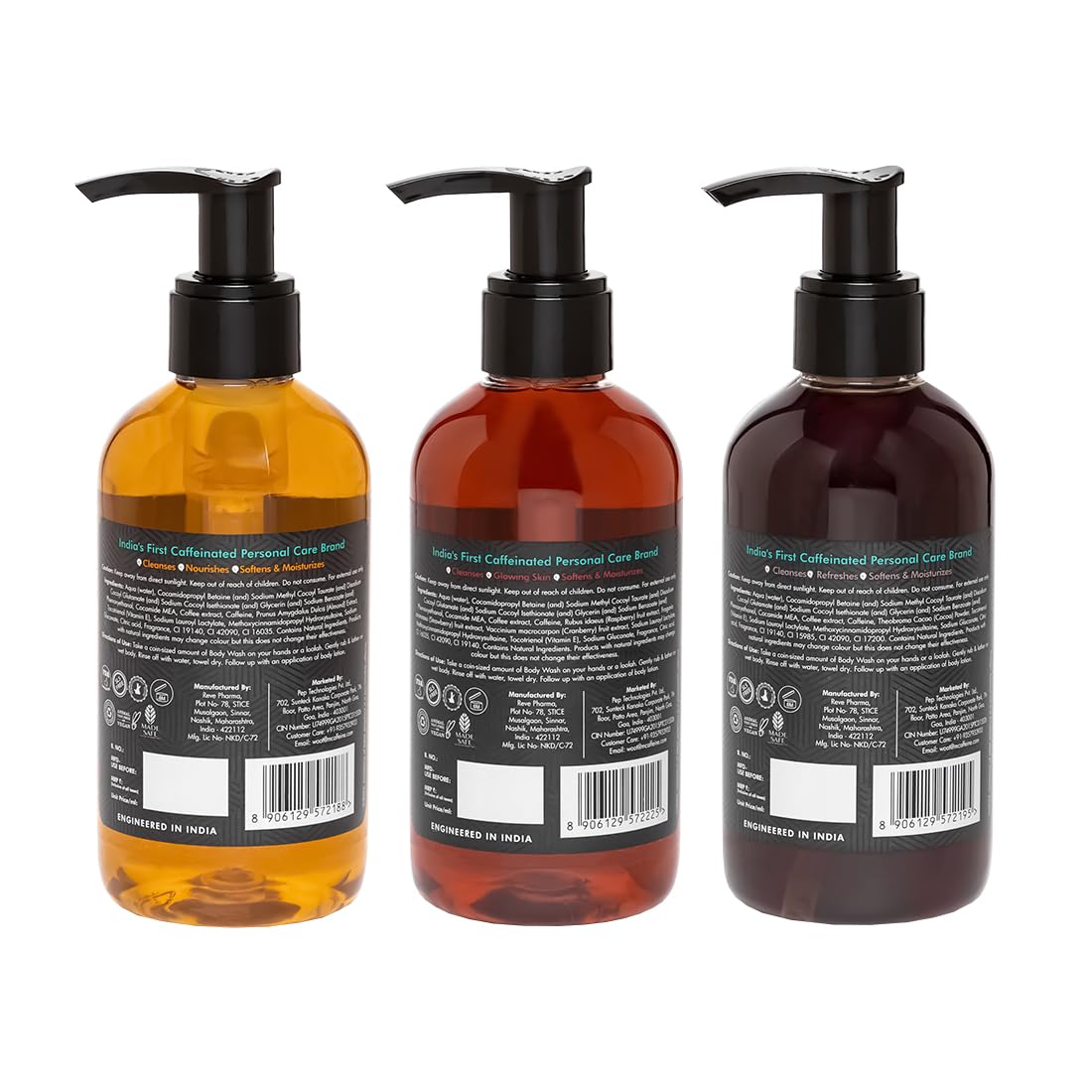 mCaffeine Coffee Body Washes for Men & Women| For Tan Removal & Deep Cleansing | Assorted Value Pack Combo | Contains 3 Shower Gels in Energizing Aroma of Berry, Almond & Cocoa | Pack of 3 | 600ml