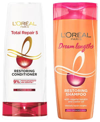 L'Oreal Paris Total Repair 5 Restoring Conditioner With Keratin XS For Damaged Hair, 386 ml & L'Oreal Paris Shampoo, Nourishes, Repair & Shine, For Long and Lifeless Hair, Dream Lengths, 180ml