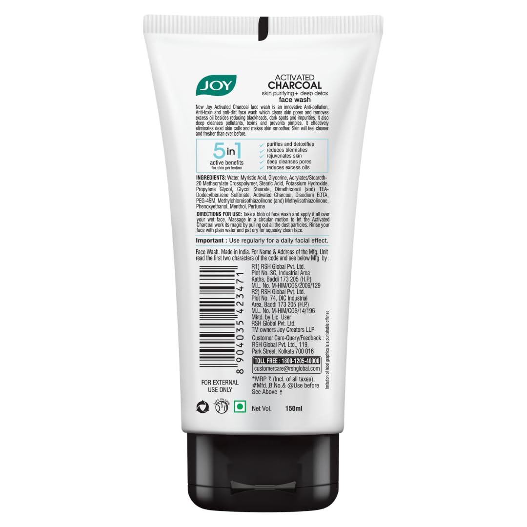 Joy Activated Charcoal Face Wash for Oily Skin 150ml x 2 | Controls Oil & Removes Dirt & Blackheads | Fights Pollution, Reduces Acne & Pimples For a Clearer & Smoother Skin