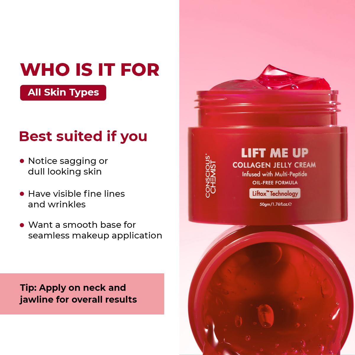 Conscious Chemist® Collagen Jelly Face Cream 50g | Niacinamide & Hydrolyzed Collagen | Powered by 6 peptides & Liftox™ technology | Sagging, Fine lines & Dullness | Anti-Aging Moisturizer | All Skin Types