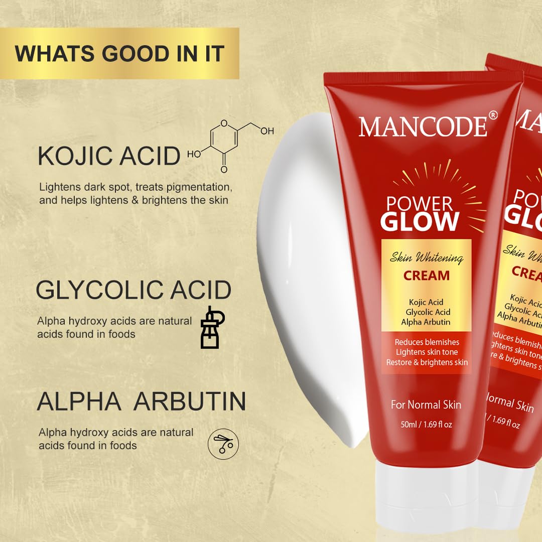 Mancode Power Glow Skin Glowing Cream with Kojic Acid, Glycolic Acid & Alpha Arbutin | Brightening & Hydrating Formula for Men | Reduces Dark Spots & Uneven Skin Tone | 50ml