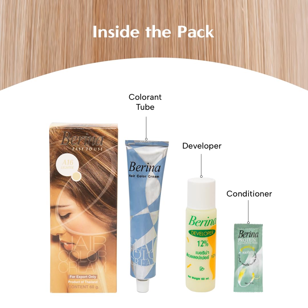 Berina Professional | Permanent Hair Color Cream | 60gm | A16 Lighter | Long Lasting Color