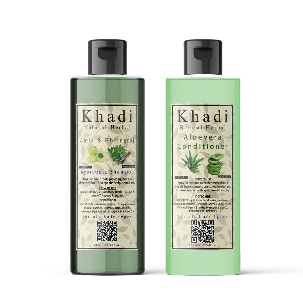 Khadi Natural Herbal Amla Bhringraj Shampoo and Aloevera Conditioner Combo || Suitable For Hair Growth | Dry and Frizzy Hair - Controls Hair Fall Parben And Sls Free (200ml Each)