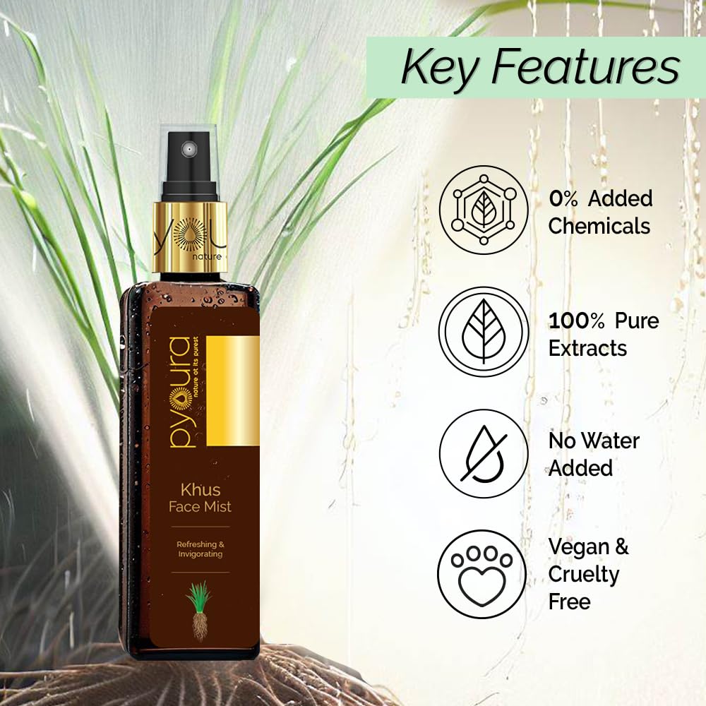 PYOURA Summer Heat Beating Khus Face & Body Mist 100 ml, Instantly Cooling & Refreshing, Prickly Heat Relief, 100% Natural, No Added Chemicals, Distinctive Natural Vertiver Perfume