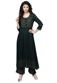 ishin Women's  Rayon Green Printed Anarkali Kurta set With Palazzo