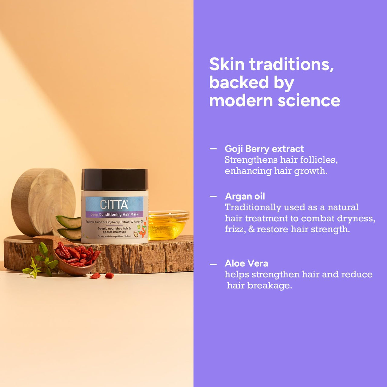 CITTA Deep Conditioning Hair Mask | Argan Oil & Goji Berry for Frizzy, Dry & Damaged Hair | Hair Smoothening & Strengthening | Prevents Hair Fall & Breakage | For All Hair & Scalp Types | 100 gm