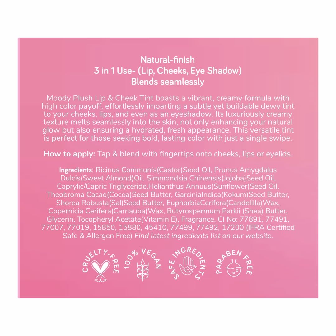 Moody Plush 3-in-1 Lip, Cheek & Eye Cream - Berry Bliss with Cacao Butter, Shea Butter & Jojoba Oil | Long Lasting | Paraben Free Lip Balm Moisturizer For All Skin Type, 5gm