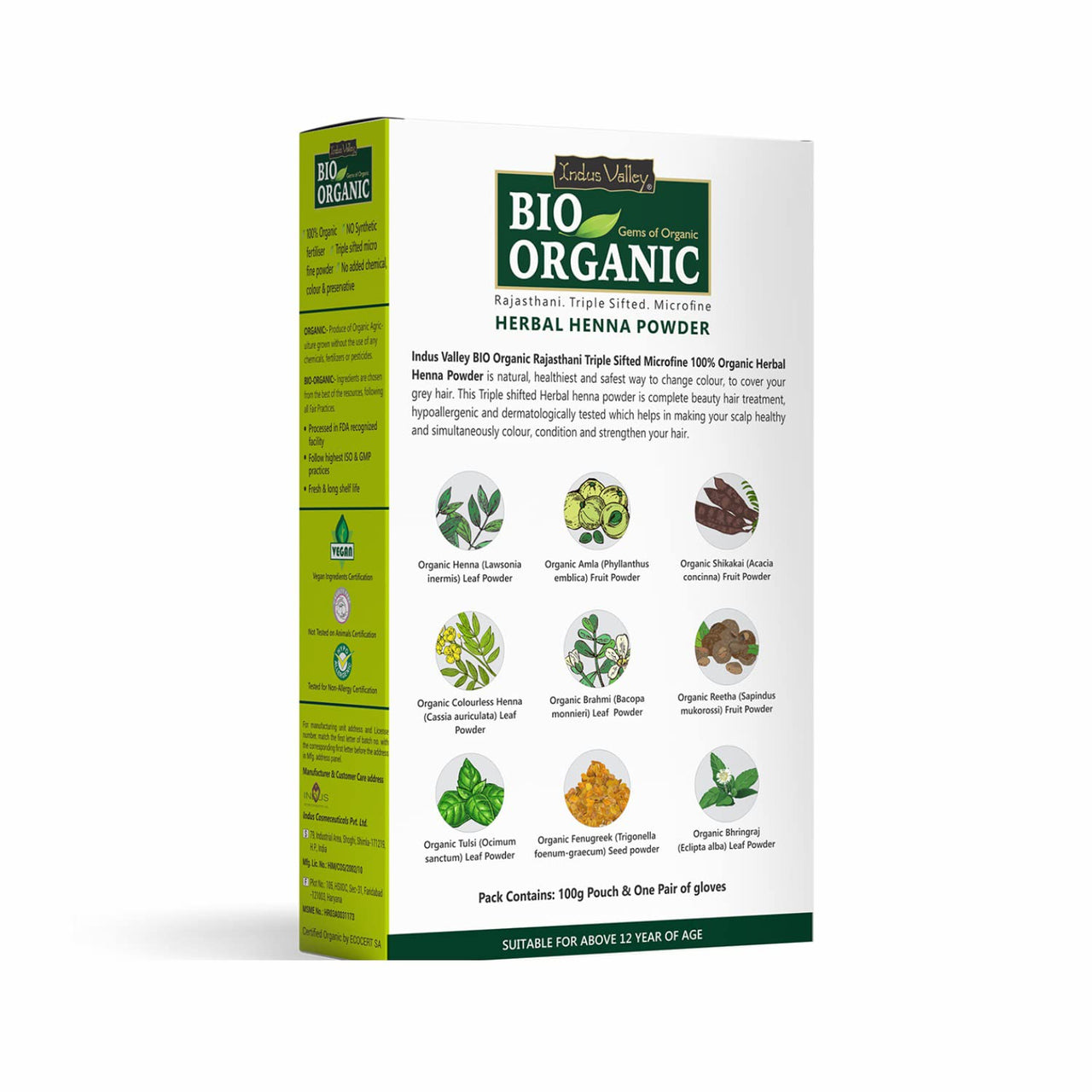 INDUS VALLEY 100% Certified Organic Herbal Henna Powder, 100g each (Pack of 6) - Green