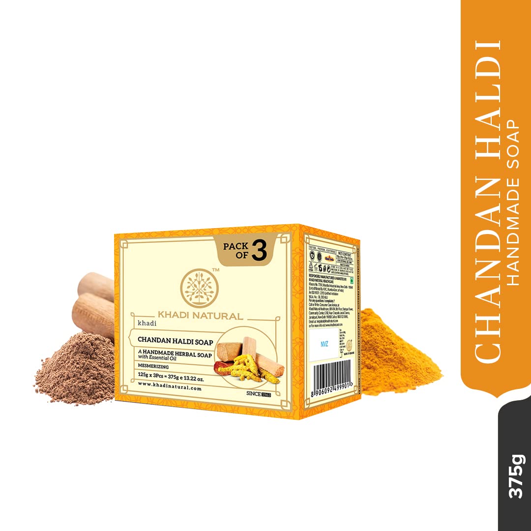 Khadi Natural Chandan Haldi Soap | Herbal Bathing Soap for Glowing Skin | Natural Soap with Essential Oils | Anti-Ageing Soap | Suitable for All Skin Types|Pack of 3 | (125gm *3) (375gm)
