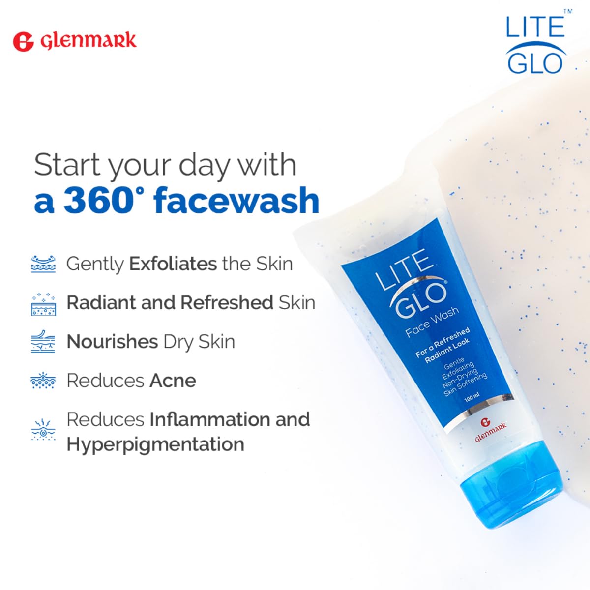 Lite Glo Face Wash for Combination Skin - Contains Vitamin C, Glycolic Acid and Mandelic Acid, Helps with optimal exfoliation, prevents dryness of skin, gives gentle cleanse | Protects, Nourishes and Repairs Skin | Paraben and SLES Free
