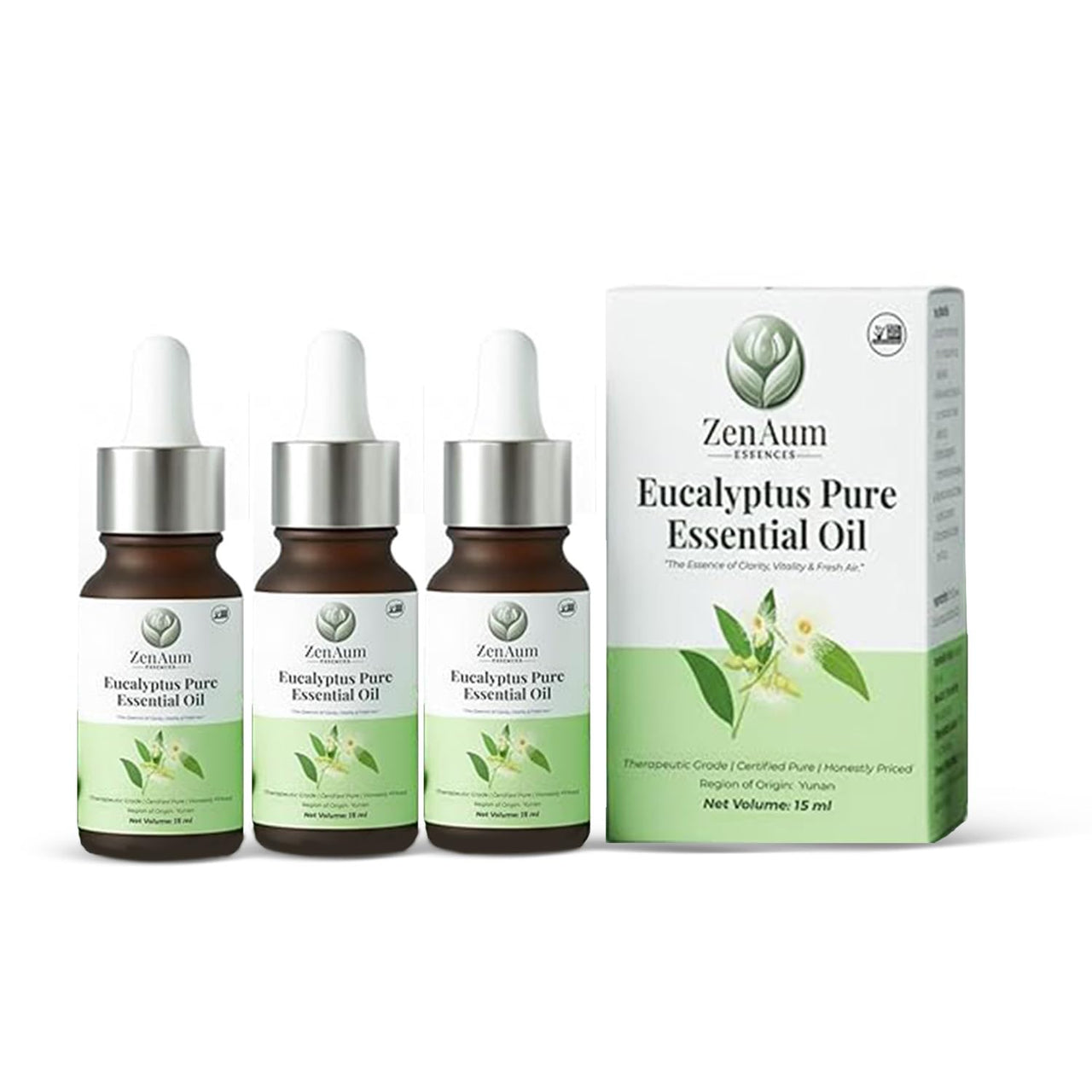 Zenaum Essences 100% Natural Eucalyptus Therapeutic Grade Essential Oil | 45ml (Pack of 3) | Respiratory Relief, Muscle Soothing & Aromatherapy | Sourced from Yunan, India | GMP, ISO & IFRA Certified