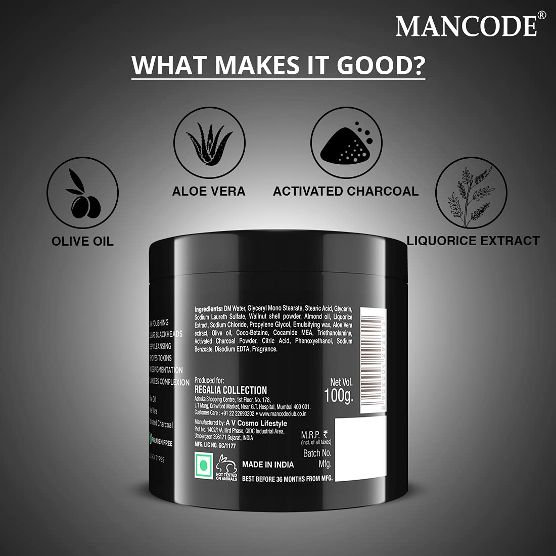 Mancode Charcoal Scrub Blackhead & Whitehead Remover | Active Detoxifying Effect & Anti-Pollution Face Scrub | Deep Pore Cleansing | Suitable for Men of all skin types | 100gm