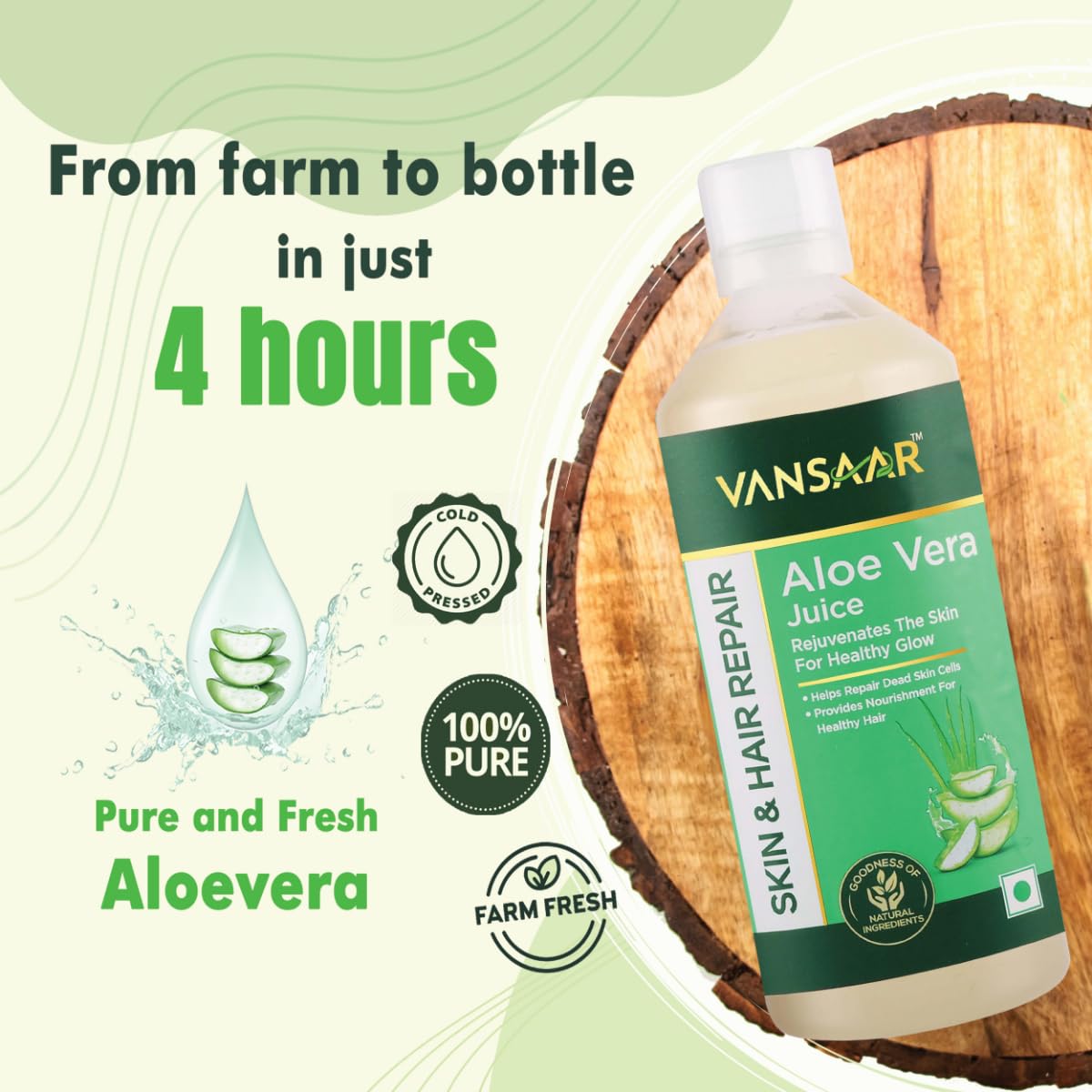 Vansaar Aloe Vera Juice - 1L | For Glowing Skin & Healthy Hair | 100% Natural, Cold Pressed with Pulp