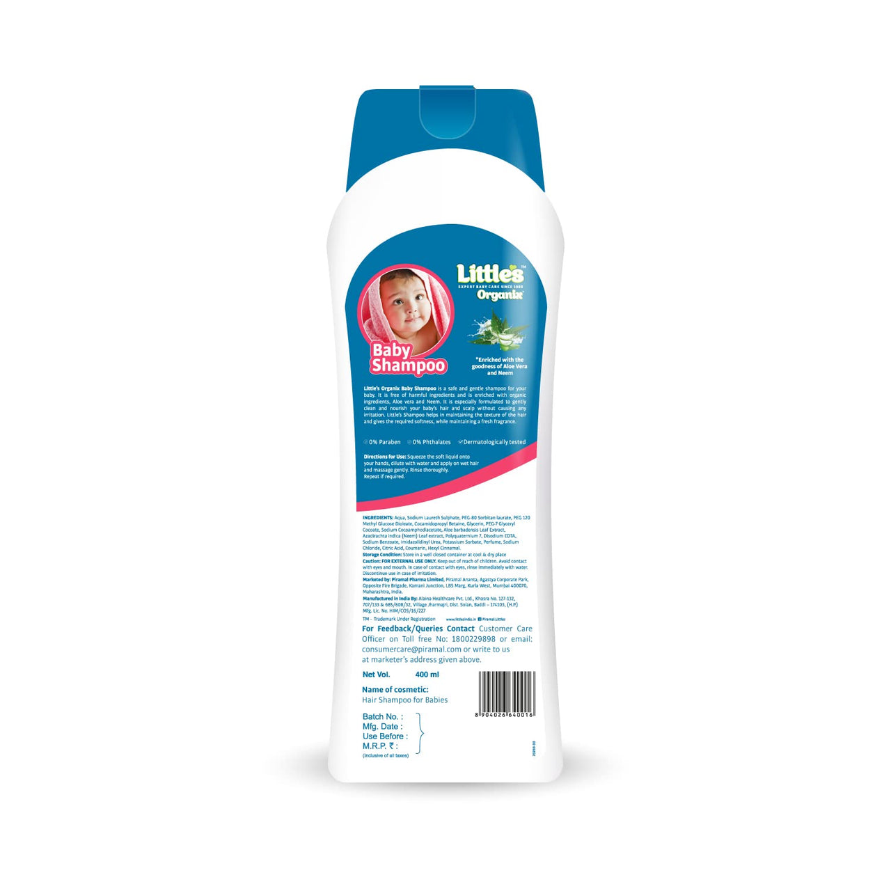 Little's Organix Baby Shampoo I Mild & Gentle I Enriched wIth Organic Ingredients - Neem & Aloe Vera extracts I Free from Paraben & Phthalates I Dermatologically Tested , 400 ml