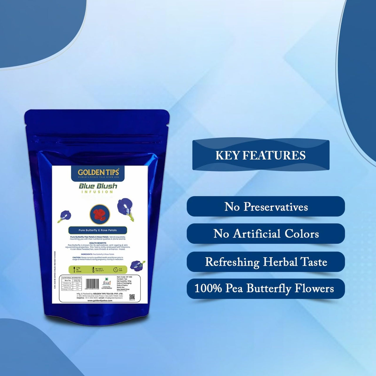 Golden Tips Butterfly Pea Flower Tea Blush Blush Herbal Infusion Tea (100gm- 50 Cups)
