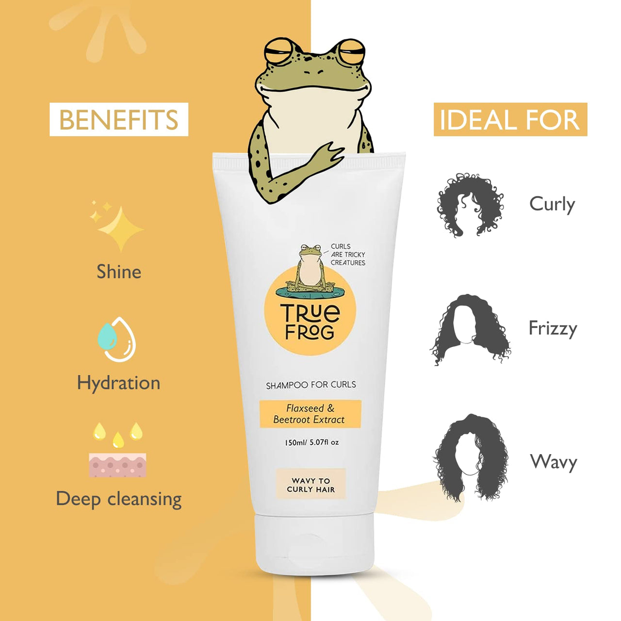 TRue FRoG Shampoo For Curly, Wavy, Dry and Frizzy Hair With Flaxseed and Beetroot Extract For Cleansing, Moisturizes And Adds Shine To Hair For Women & Men, Sulphate and Paraben Free - 150 ml