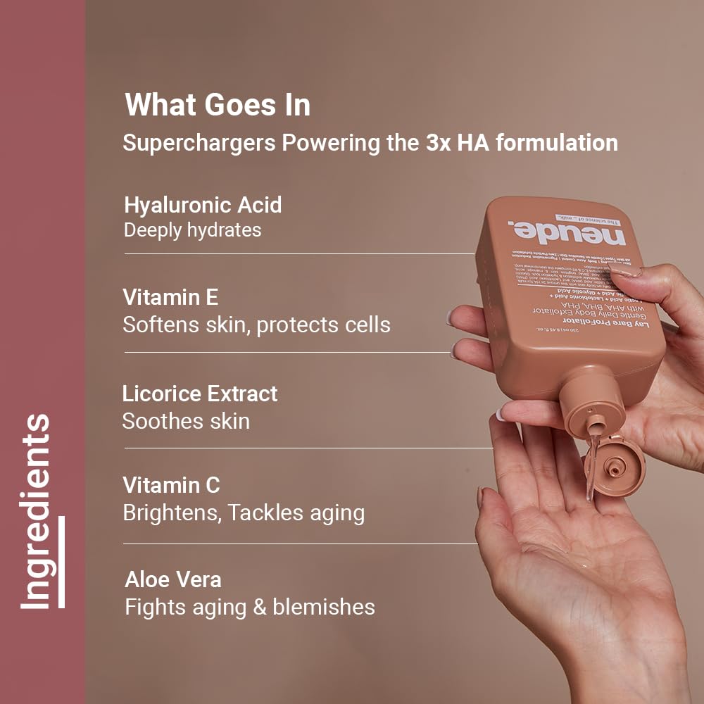 Neude Lay Bare Body Scrub 250ml Lactobionic Acid PROfoliator bath Exfoliator with AHA BHA PHA Glycolic Acid Salicylic Acid Hyaluronic Acid for Gentle Exfoliation Smooth Radiant Skin for All Skin Types