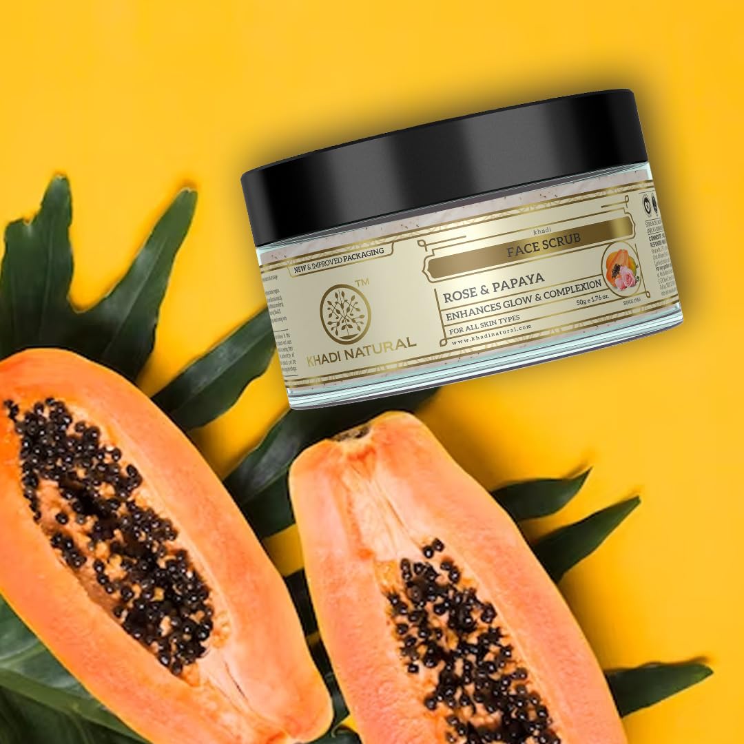 Khadi Natural Rose & Papaya Face Scrub | Softens & Nourishes for Supple Skin| Removes Blackheads| Exfoliates Dead Skin Cells| Suitable for All Skin Types| Pack of 2(50 * 2, 100 g)