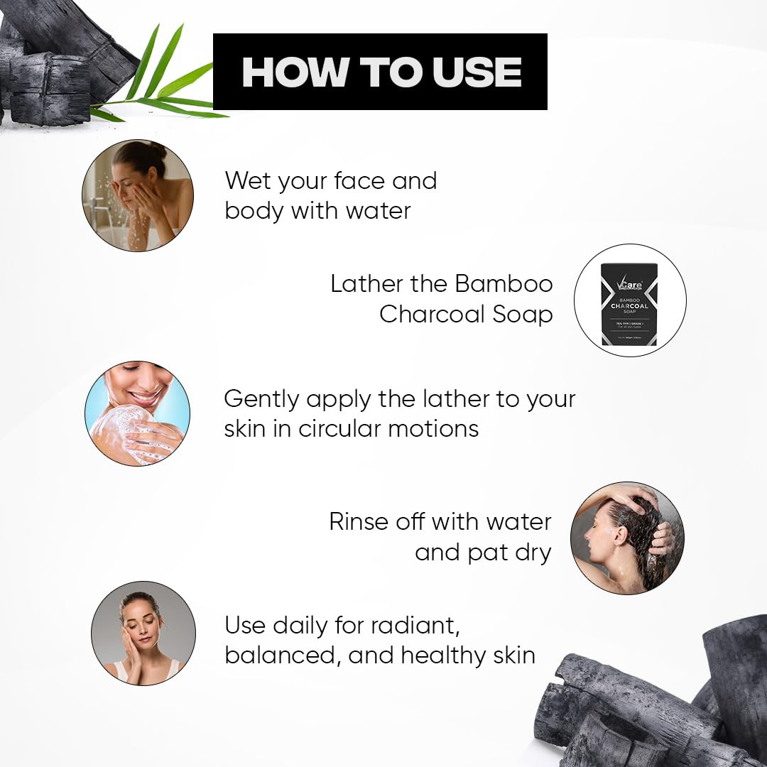 VCare Bamboo Charcoal Soap for Men and Women|76% TFM Grade 1 Skin Protection, Deep Cleansing and Detoxifies Bathing Soap Bar - 100gm Buy 3 Get 1 Free