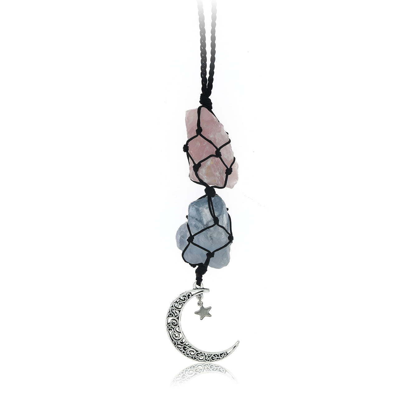 BOHO GARDEN Hanging Car Charm - Rose Quartz, Blue Calcite - Dangling Moon & Healing Crystal Accessories, Rearview Mirror Decorations - Love, Connection, Self-Worth, Calmness, Communication, Creativity Rose Quartz-blue Calcite