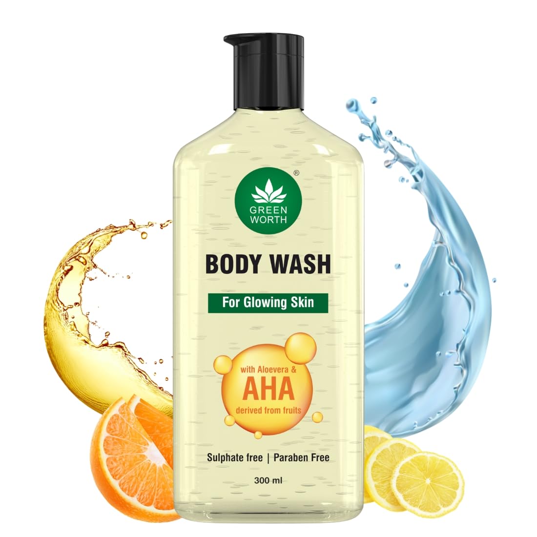 GREENWORTH Body wash for glowing skin with AHA and Aloevera | Hydrating and Gentle Exfoliating Body Wash for Brighter, Softer and Smoother Skin| Sulphate & Paraben Free | 300 ml