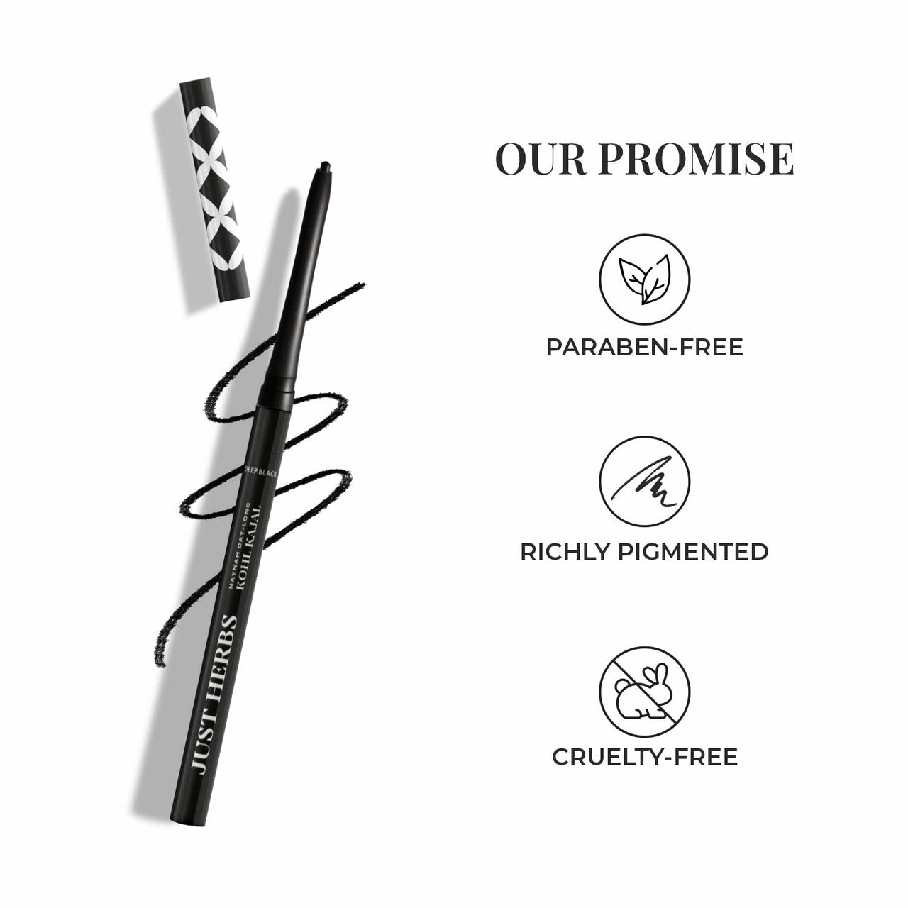 Just Herbs Retractable 2 in 1 Herbal Eyeliner + Kajal with Almond Oil & Vitamin E, 11 Hour Stay, Singlestroke, Smudgeproof & Fadeproof - Black 0.3g