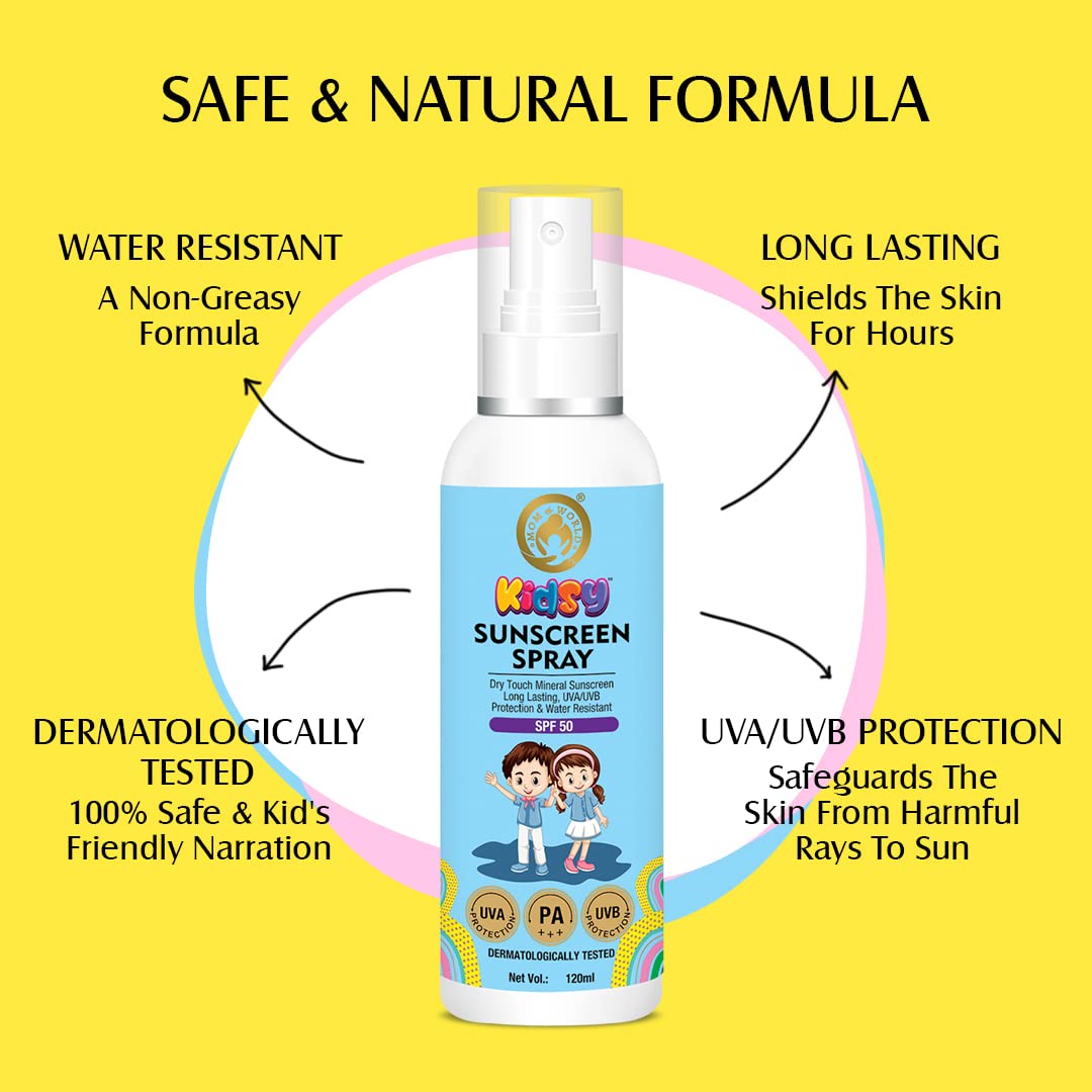 Mom & World Mineral Based Kids Sunscreen Spray SPF 50, Water Resistant, UVA/UVB PA+++, 120ml - Safe for Baby and Kids