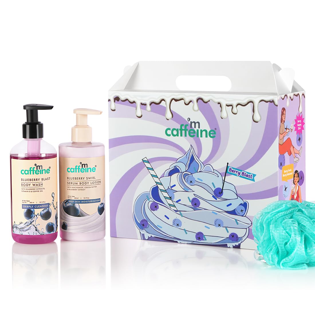 mcaffeine Blueberry Escape Bath & Body Gift Kit|Body Wash, Body Lotion, Teal Loofah|Gift Set For Men And Women|Pampering Kit For Birthday, Anniversary & All Special Occasions| 100% Vegan