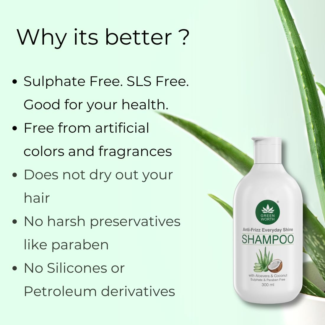 GREEN WORTH GREENWORTH Everyday Shine Anti-Frizz Shampoo For Dry Damaged Thin Hair | Sulphate Free And Paraben Free | With Aloevera & Coconut | For Unisex | Lavender & Vanilla Essential Oil | 300 Ml