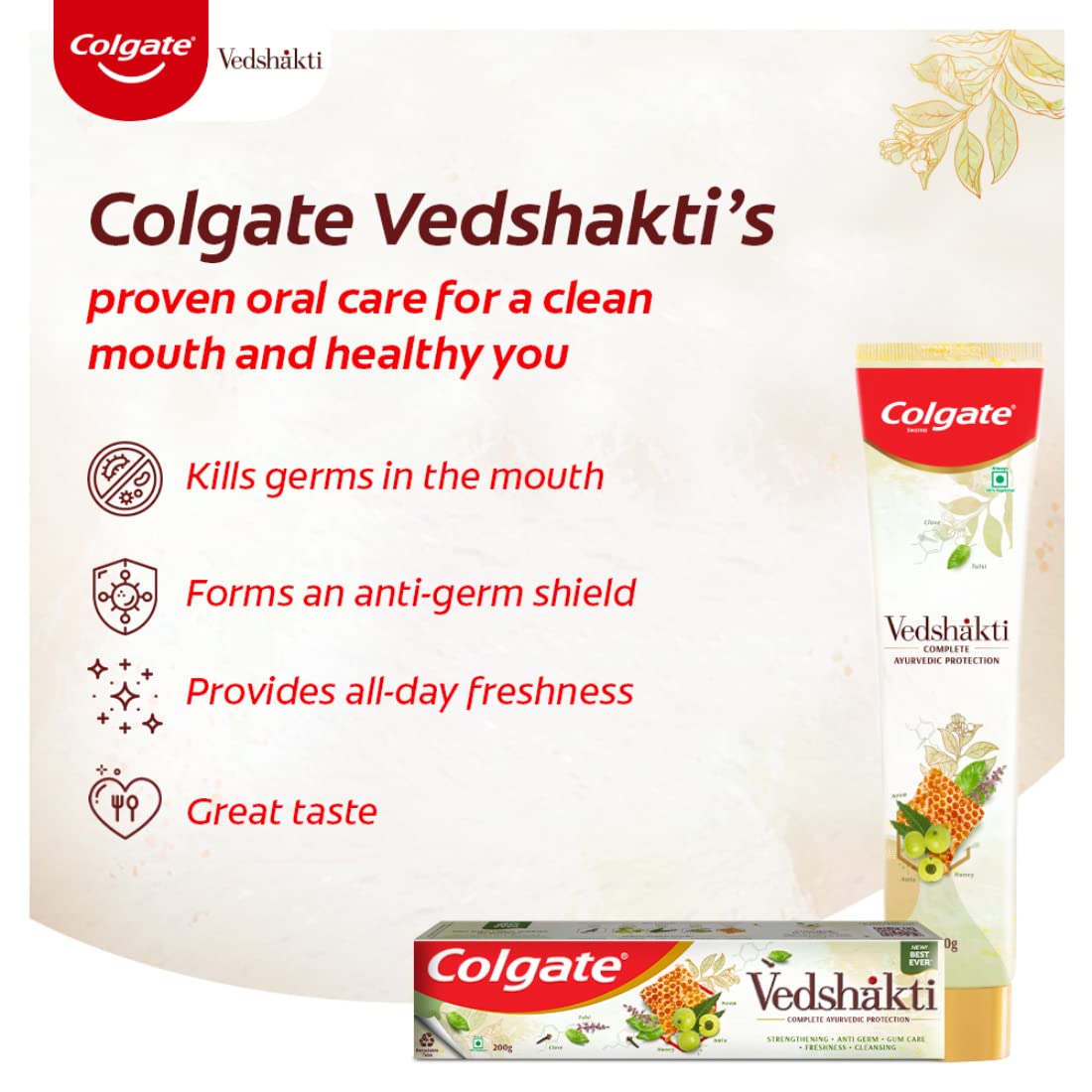 Colgate Vedshakti Toothpaste, Anti-Bacterial Tooth Paste for Whole Mouth Health and Fresh Breath, With Neem, Clove, and Honey, 400g, 200g X 2 (Combo Pack Offer)