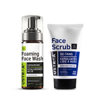 Ustraa Gentle De-Tan Kit - Foaming Face Wash - For Sensitive Skin - 150 ml | Cleansing, Moisture Retention | with Ceramides & Face Scrub - De-Tan 100 g - Effective Tan Removal | Bigger Walnut Granules