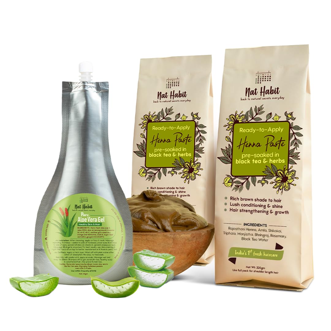 Nat Habit Ready-To-Apply Henna Paste & Pure Aloe Vera Gel The Ideal Combo For Conditioned Hair, Dandruff-Free, Healthy Scalp & Hair Fall with Rich Dark Brown Color (Combo Pack of 3)