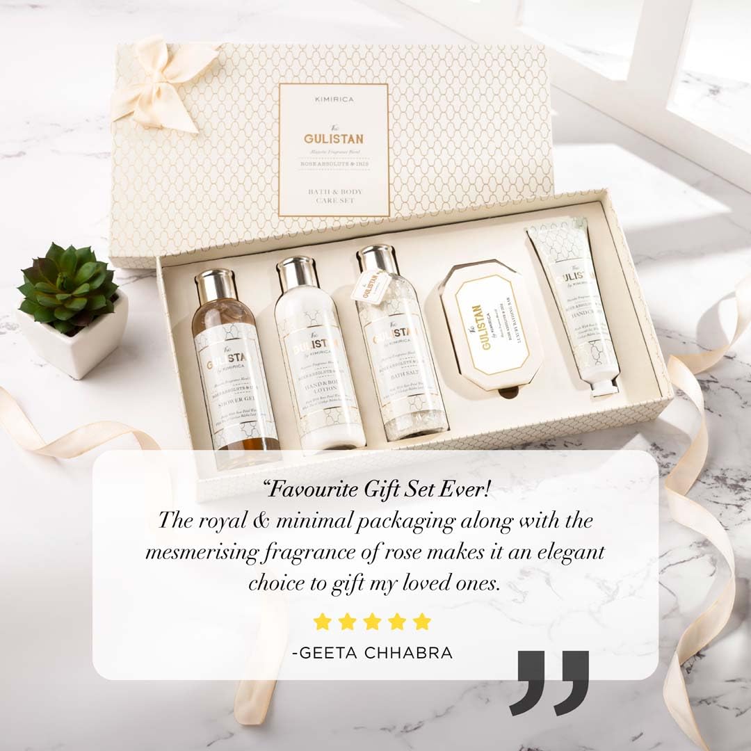 Kimirica The Royal Gulistan Luxury Gift Set for Women & Men| Pampering Kit for Anniversary, Birthdays & All Special Occasions | Majestic fragrance of Rose | 5 Piece Gift Set | 100% Vegan