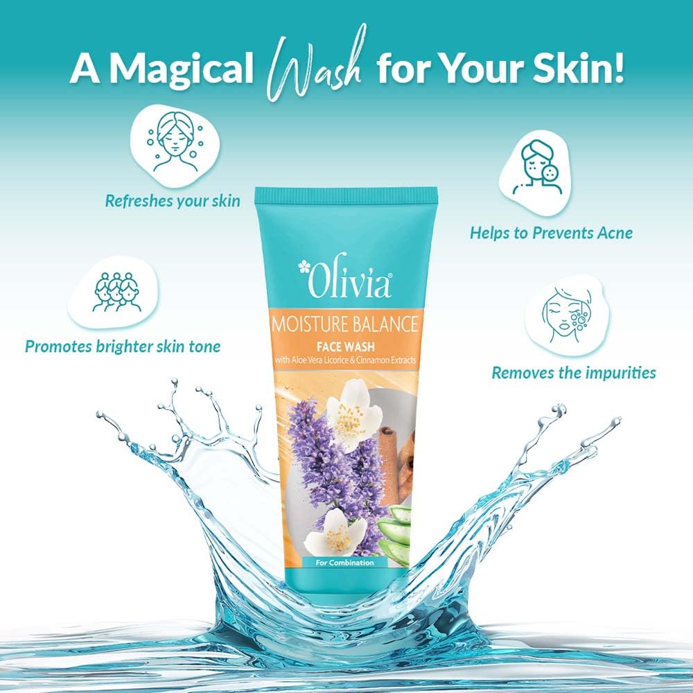 Olivia Moisture Balance Face Wash With Aloe Vera Licorice And Cinnamon Extracts | Gentle Skin Cleanser For Dry To Normal, Sensitive Skin | Hydrating Face Wash, Paraben Free - 100Ml