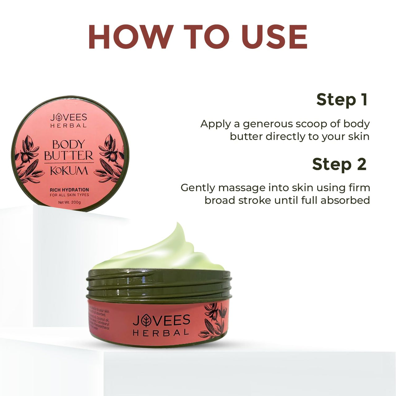 Jovees Herbal Kokum Body Butter For Dry, Itchy Skin & Stretch Marks | Kokum,Cocoa Butter,Almond & Olive Oil | Non - Sticky Intense Moisturization For All Skin Types- 200 gm