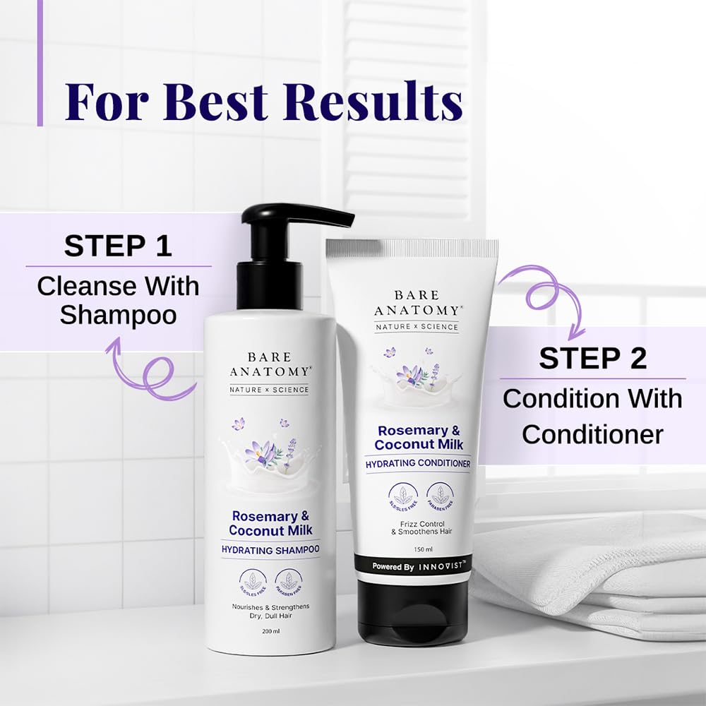 Bare Anatomy Nature x Science Rosemary & Coconut Milk Hydrating Conditioner | Natural conditioner for dry, dull & frizzy hair | SLS & Paraben Free | Conditioner for Women & Men | 150mL
